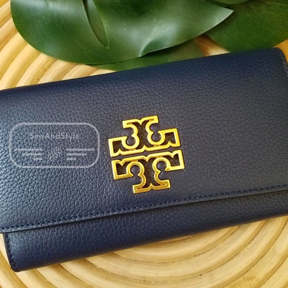 TORY BURCH BRITTEN SMART PHONE WALLET NAVY BLUE ROYAL BLUE SNAP BUTTON WRISTLET - Picture 2 of 8